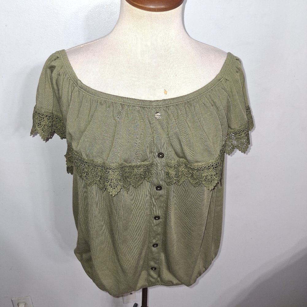 Olive Green Lace Trim Women's Top- Juniors Size 19 XXL